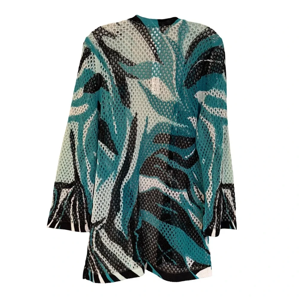 Chicos Palms‎ Mesh Cardigan Sweater Women's Large Teal Tropical Resortwear Boho - Picture 10 of 14